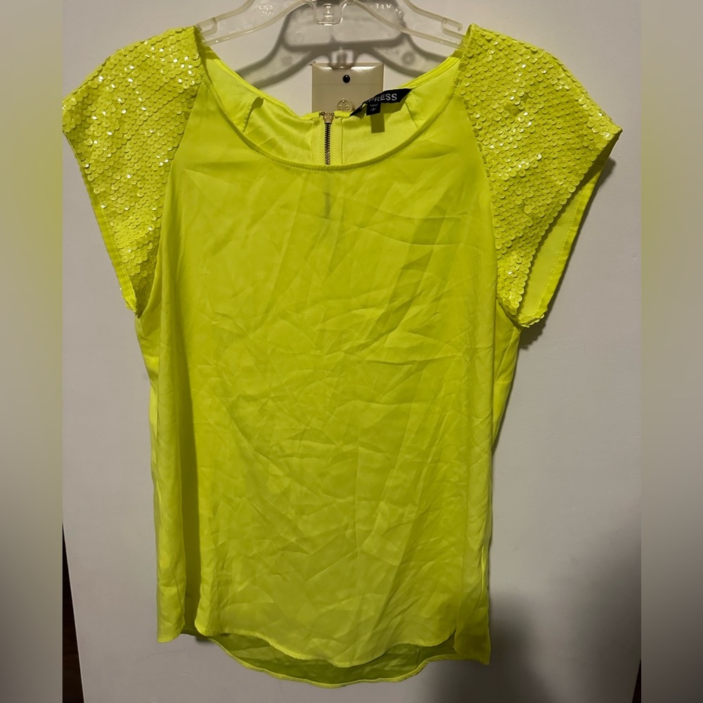 EXPRESS SEQUIN BLOUSE TOP BRIGHT NEON YELLOW GREEN